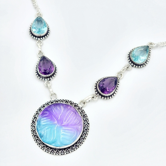 Carved Floral Bi-Color Tourmaline Amethyst Blue Topaz Necklace Hand Crafted - Picture 3 of 6